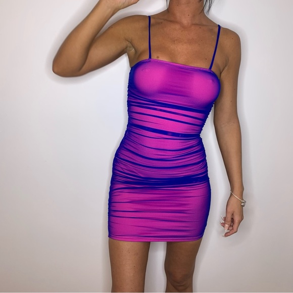 AVAILABLE SIZES - Neon pink and purple mesh overlay ruched Bodycon dress - Picture 4 of 4